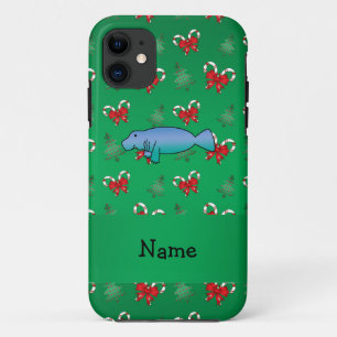 Personalized name manatee green candy canes bows iPhone 11 case