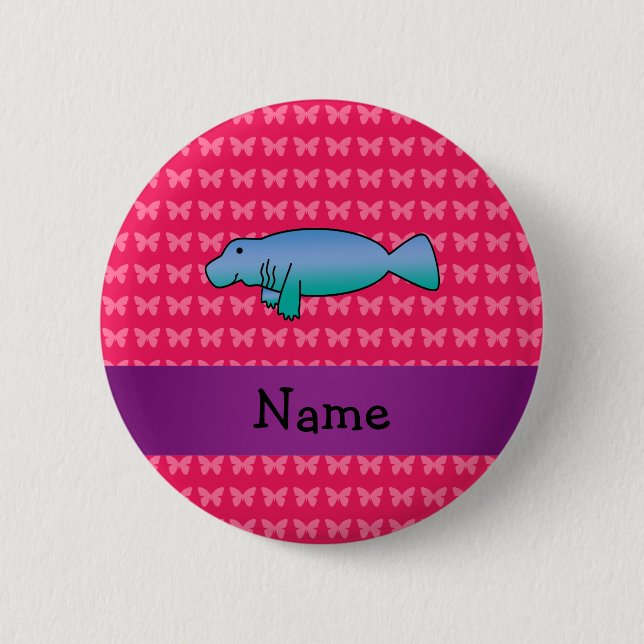 Personalized name manatee pink butterflies button (Front)
