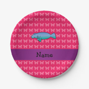 Personalized name manatee pink butterflies paper plates