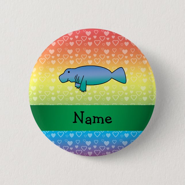 Personalized name manatee rainbow hearts button (Front)