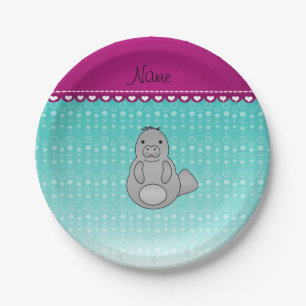 Personalized name manatee turquoise bubbles paper plates