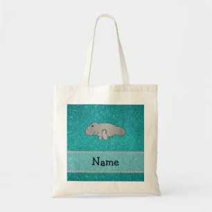 Personalized name manatee turquoise glitter tote bag