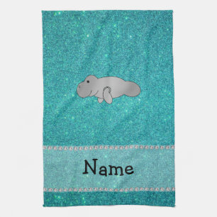 Personalized name manatee turquoise glitter towel