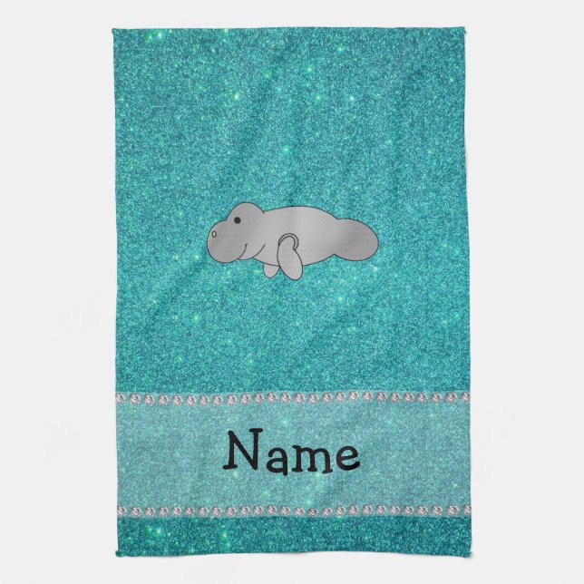 Personalized name manatee turquoise glitter towel (Vertical)