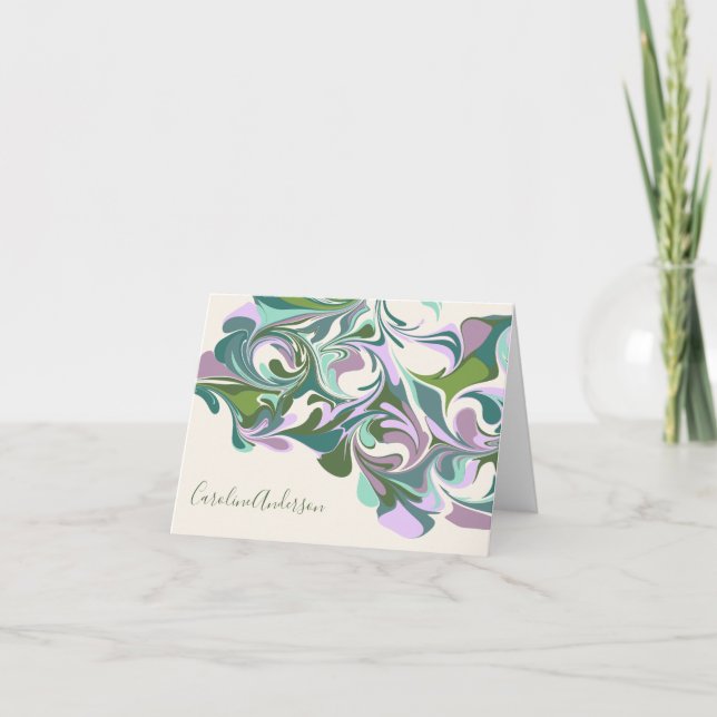 Personalized Name Marble Swirl Purple Green Note Card (Front)