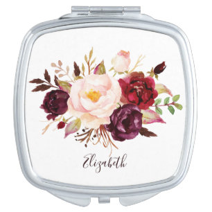 Personalized Name Marsala  Floral Boho Bouquet  Compact Mirror