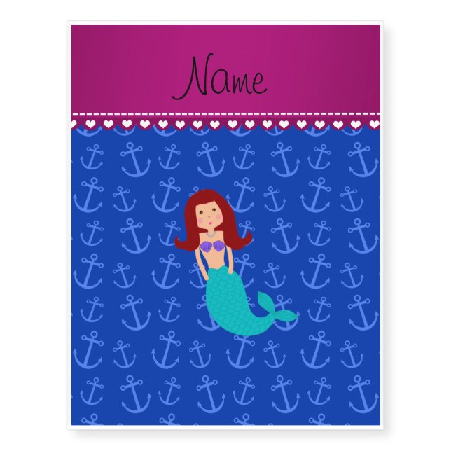 Personalized name mermaid blue anchors temporary tattoos (Front)
