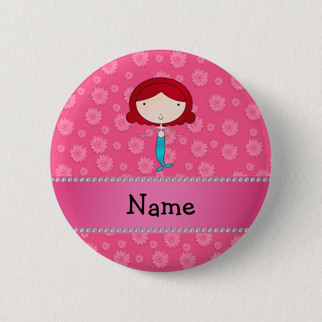 Personalized name mermaid pink flowers pinback button (Front)