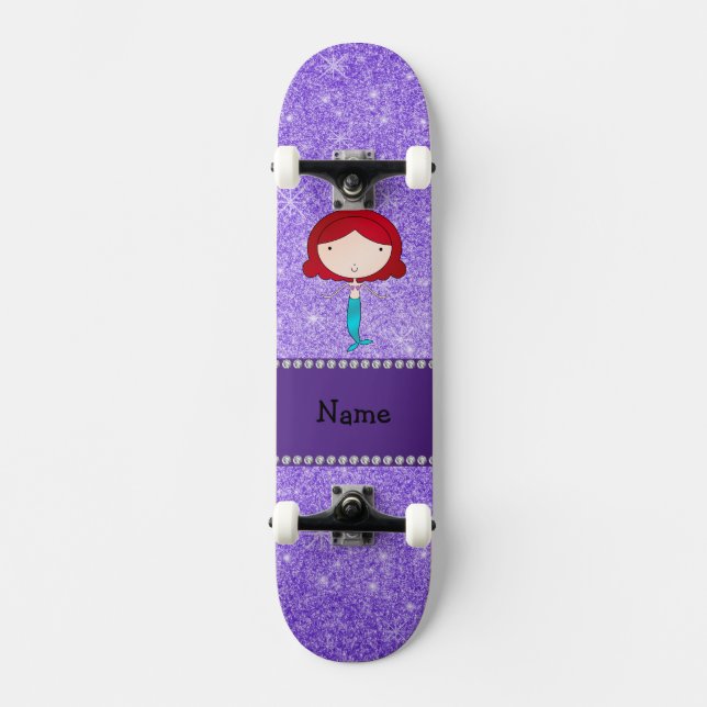 Personalized name mermaid purple glitter skateboard deck (Front)