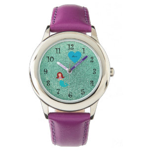 Personalized name mermaid seafoam green glitter watch