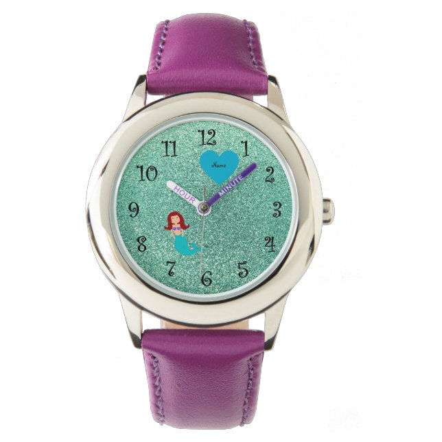 Personalized name mermaid seafoam green glitter watch (Front)