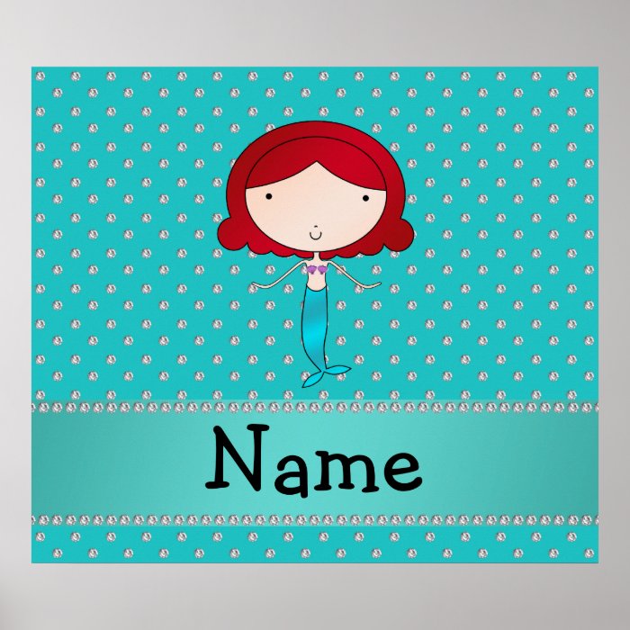 Personalized name mermaid turquoise diamonds print