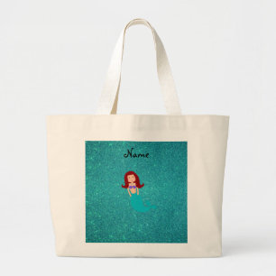Personalized name mermaid turquoise glitter large tote bag