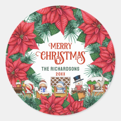 Personalized Name Merry Christmas Festive Floral Classic Round Sticker