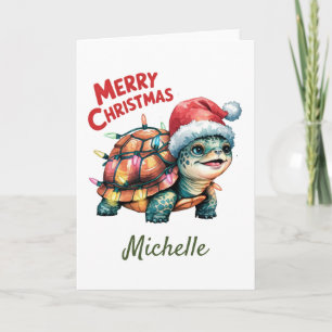 Personalized Name Merry Christmas Turtle in Santa Card