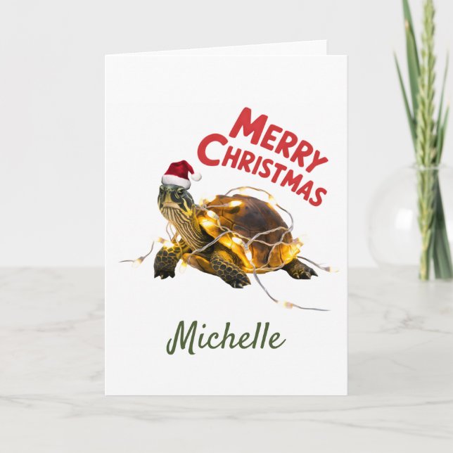 Personalized Name Merry Christmas Turtle in Santa  Card (Front)