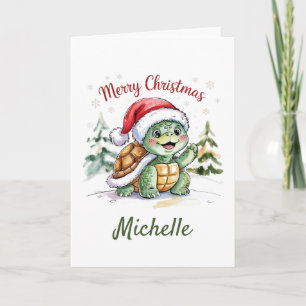 Personalized Name Merry Christmas Turtle in Santa Card