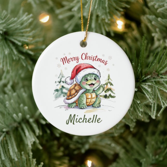 Personalized Name Merry Christmas Turtle in Santa  Ceramic Ornament (Tree)