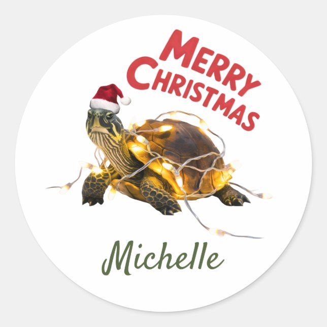 Personalized Name Merry Christmas Turtle in Santa  Classic Round Sticker (Front)