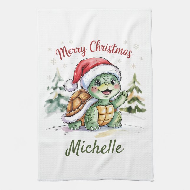 Personalized Name Merry Christmas Turtle in Santa  Kitchen Towel (Vertical)