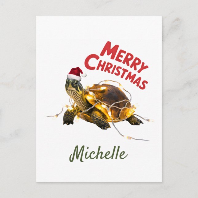 Personalized Name Merry Christmas Turtle in Santa  Postcard (Front)