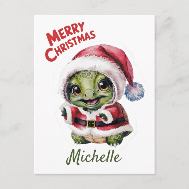 Personalized Name Merry Christmas Turtle in Santa  Postcard (Front)