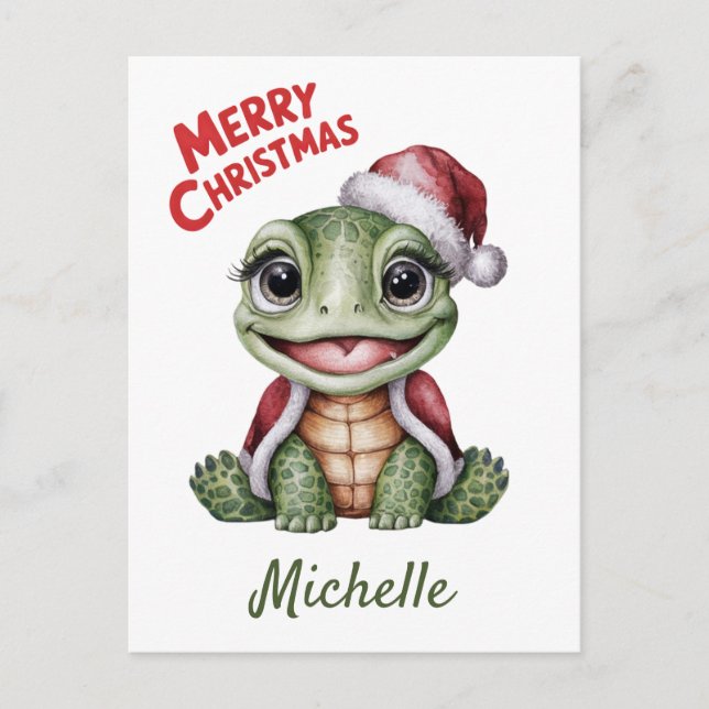Personalized Name Merry Christmas Turtle in Santa  Postcard (Front)
