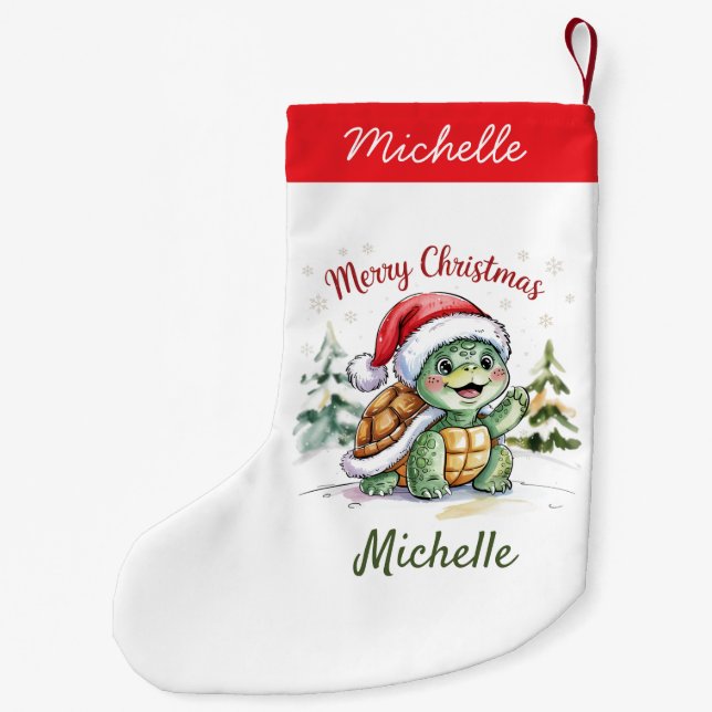 Personalized Name Merry Christmas Turtle in Santa  Small Christmas Stocking (Back)