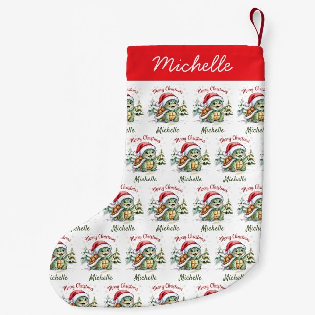 Personalized Name Merry Christmas Turtle in Santa  Small Christmas Stocking (Back)