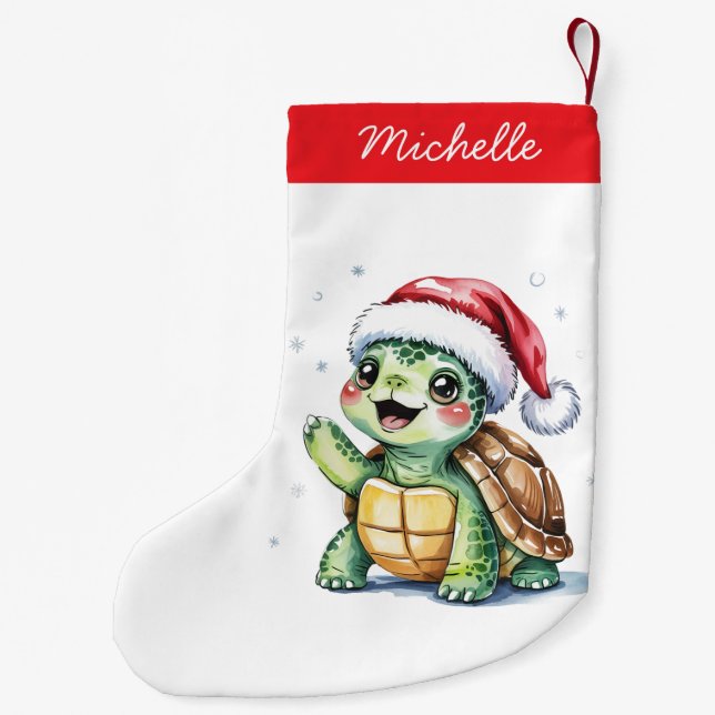 Personalized Name Merry Christmas Turtle in Santa  Small Christmas Stocking (Back)