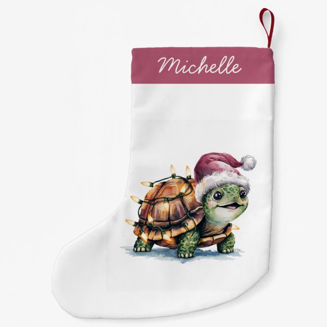 Personalized Name Merry Christmas Turtle in Santa Small Christmas Stocking (Back)