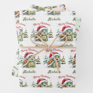 Personalized Name Merry Christmas Turtle in Santa Wrapping Paper Sheets