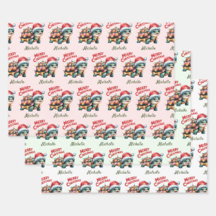 Personalized Name Merry Christmas Turtle in Santa Wrapping Paper Sheets