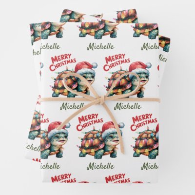Personalized Name Merry Christmas Turtle in Santa  Wrapping Paper Sheets