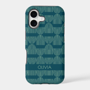 Personalized Name Mid Century Arch Lines Teal Blue iPhone 17 Case