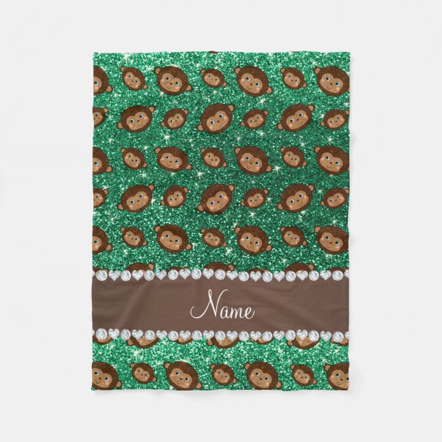 Personalized name mint green glitter monkeys fleece blanket (Front)