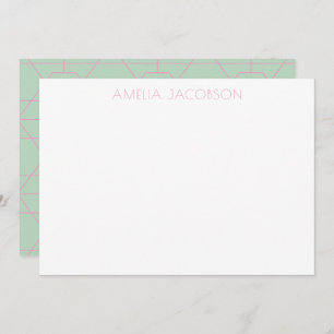 Personalized Name Mint Green Pink Geometric Lines Note Card