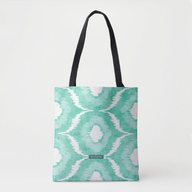 Personalized Name Mint Ikat Pattern Bridesmaid Tote Bag (Front)