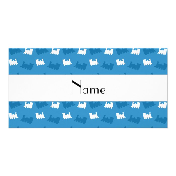 Personalized name misty blue train pattern photo greeting card