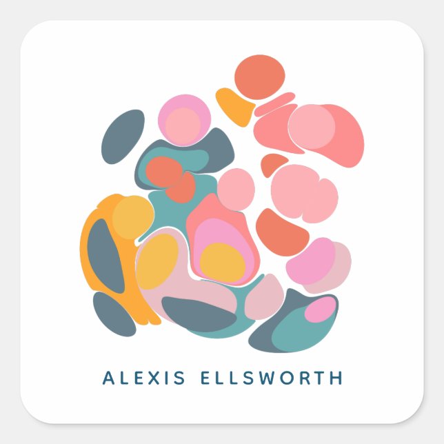 Personalized Name Modern Abstract Shapes Blue Square Sticker (Front)