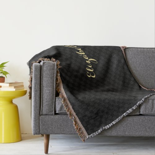 Personalized Name Modern Black Check Pattern Woven Throw Blanket