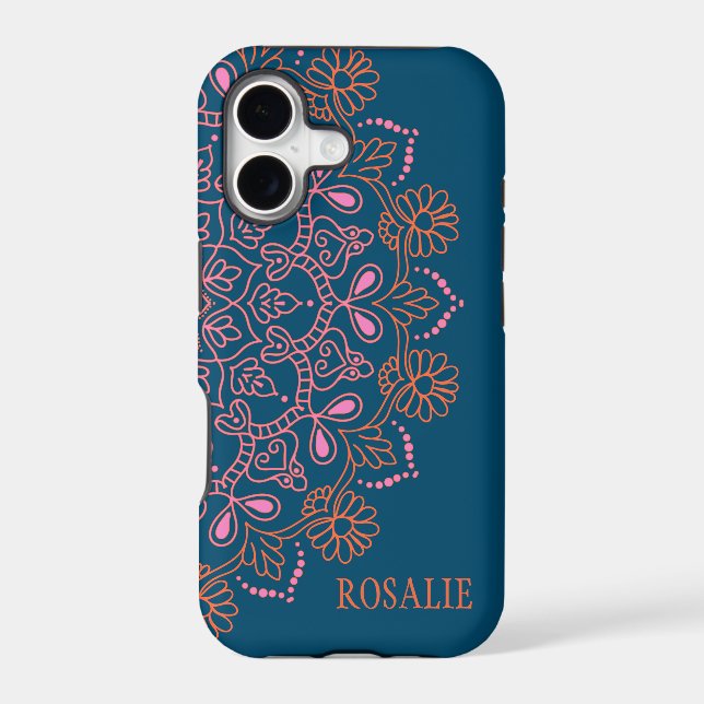 Personalized Name Modern Blue Boho Floral Mandala  Case-Mate iPhone Case (Back)