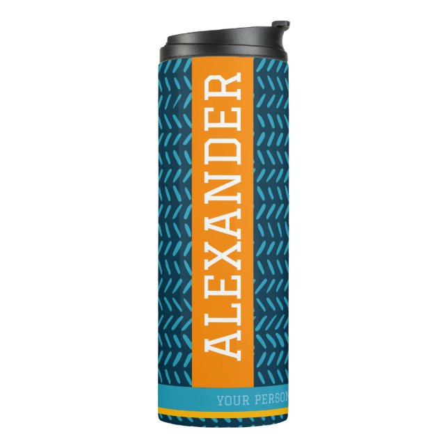 Personalized Name Modern Blue & Orange Pattern  Thermal Tumbler (Rotated Left)