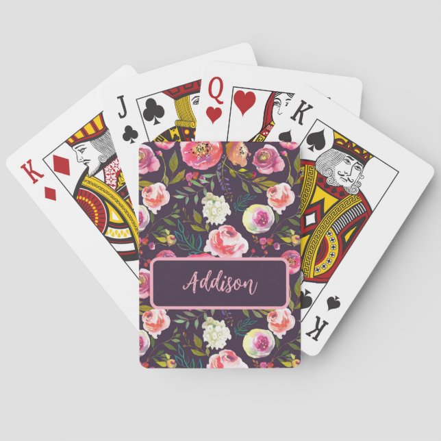 Personalized name Modern Boho Floral monogram Poker Cards (Back)