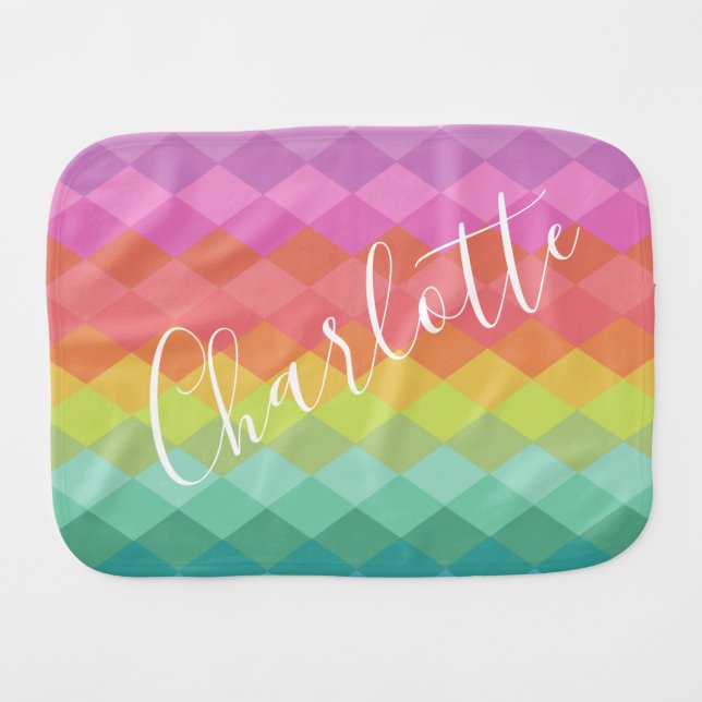 Personalized Name Modern Bright Geometric Rainbow Baby Burp Cloth (Front Horizontal)