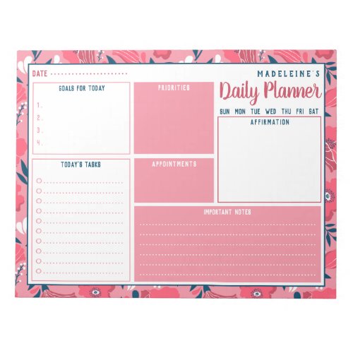 Personalized Name Modern Floral Daily Planner Notepad