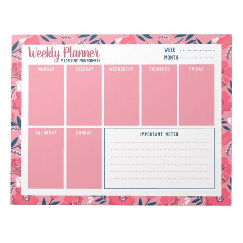 Personalized Name Modern Floral Weekly Planner Notepad