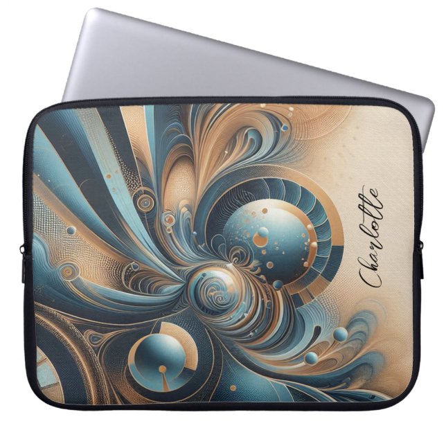 Personalized Name Modern Fractal Blue Gold Chic Laptop Sleeve (Front)