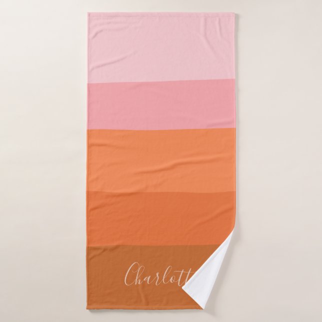 Personalized Name Modern Pink Orange Stripe Sunset Bath Towel (Bath Towel)