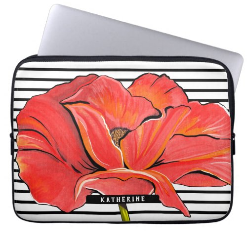 Personalized Name Modern Red Poppy Flower Stripes Laptop Sleeve